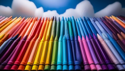 a vibrant array of colorful crayons meticulously arranged in a spectrum of hues the crayons are a celebration of creativity
