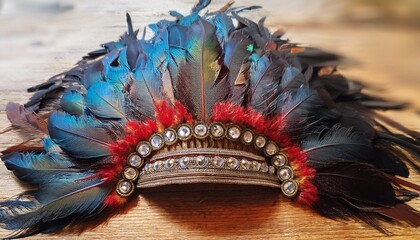 a vibrant headdress adorned with intricate plumage and sparkling jewels rests gracefully on a wooden surface illuminated by the gentle embrace of natural light