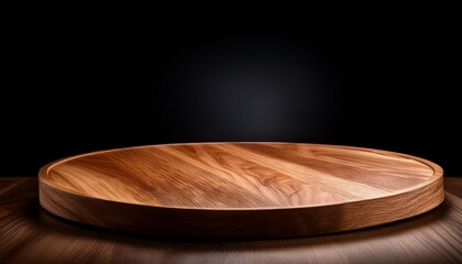 oval wooden platform on black background simple display stand natural wood grain