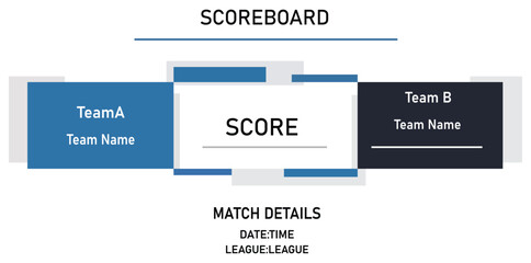 Sports Scoreboard Graphic Template for Broadcast and Digital Media; Modern UI Design for Football, Soccer, or Basketball Match Results with Team A vs Team B Comparison and Game Details Vector