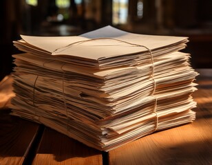 a large stack of pristine unbound pages rests on a wooden surface their edges subtly illuminated by natural light evoking a sense of anticipation and untapped potential