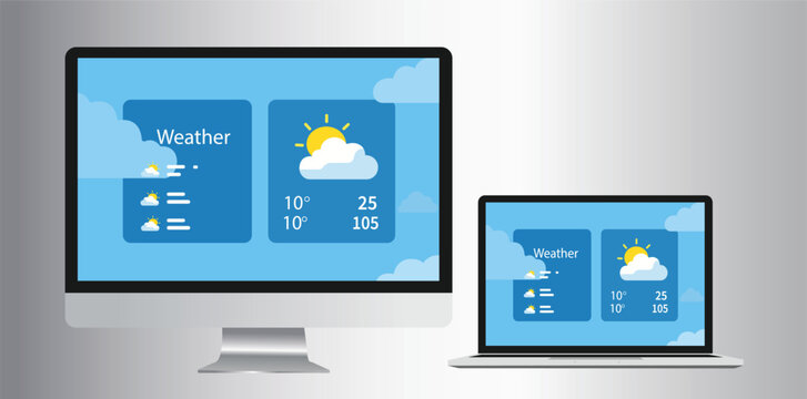 Weather Forecast Application Interface on Desktop Monitor and Laptop Screen; Modern UI UX Design Template with Sunny and Cloudy Icons, Temperature Data, and Blue Sky Background Vector Illustration