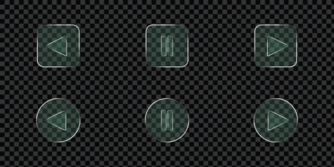 Sleek glass media player buttons with play, pause, and stop icons. Ideal for modern user interface design. Glassmorphism media player controls icon set with music, rewind, and fast forward buttons. © Hike Studio 786