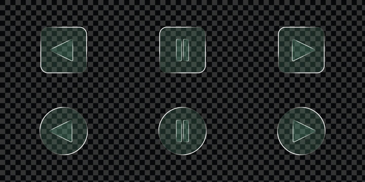 Sleek glass media player buttons with play, pause, and stop icons. Ideal for modern user interface design. Glassmorphism media player controls icon set with music, rewind, and fast forward buttons.