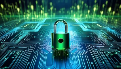 a green padlock symbolizing cybersecurity is placed on a circuit board with glowing blue pathways representing digital protection in technology