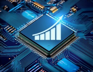 close up of a circuit board with a processor displaying a growth chart