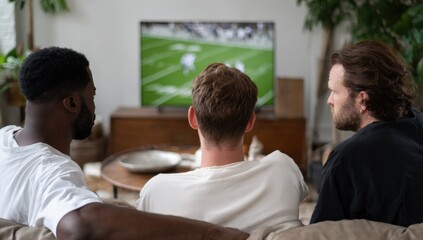 Obraz premium Three young adult males watching football game on tv in cozy living room