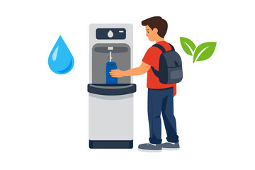 Student fills water bottle at water cooler with environmental symbols