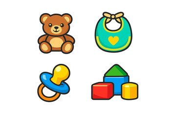 Cute baby items icons set
