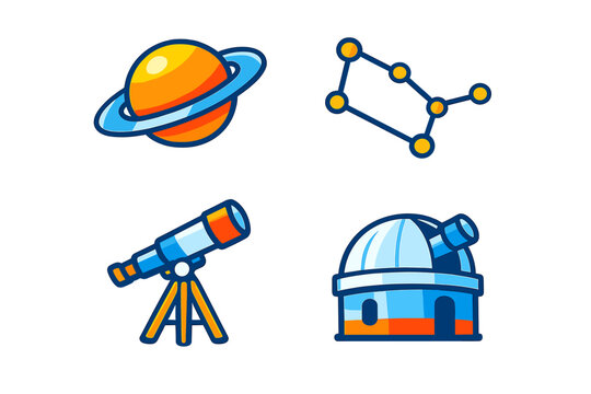 Space-themed icons: planet, constellation, telescope, and observatory