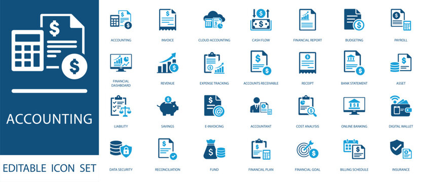 Accounting icon set. including accounting, revenue, budgeting, and tax icons. Editable vector design for business, banking, and data analysis.
