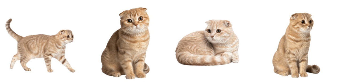 Set of Scottish Fold Cat Folded-Ear Breed Portraits, Round-Faced Domestic Feline Collection with Soft Coat and Expressive Eyes isolated on transparent PNG background