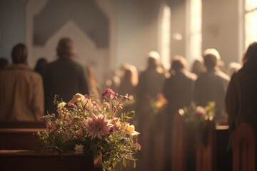 Chapel with Warm Light and Floral Bouquet in Contemplative Atmosphere