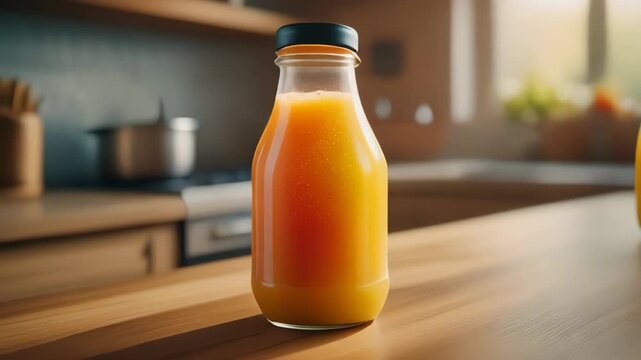 Focus On Red Juice Bottle On The Countertop Of Wooden In Kitchen