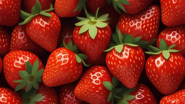 Vibrant Red Strawberries Pattern with Green Leaves Dark Background