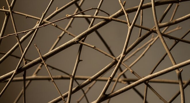Abstract composition of thin, leafless brown twigs crisscrossing against a soft, neutral brown background. Minimalist nature aesthetic