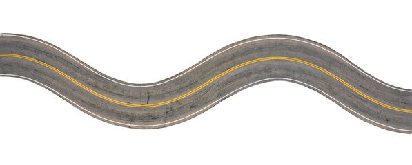 Winding asphalt road with yellow and white lines, transparent background