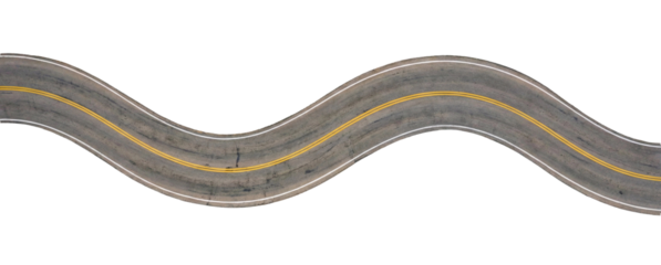 Winding asphalt road with yellow and white lines, transparent background
