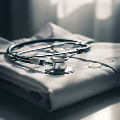 Medical Equipment Display, Stethoscope and Uniform, Healthcare Setting, Photography, Calm Atmosphere, Close-Up, Professionalism