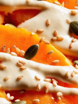 a closeup of a delicious fallthemed dish featuring roasted sweet potatoes drizzled with creamy tahini sauce and sprinkled with toasted sesame seeds showcasing a gourmet vegetarian meal rich in nutrie