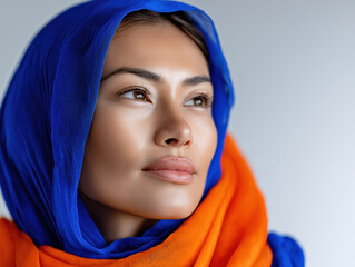 Naklejka premium Woman wearing blue and orange scarf looks thoughtfully at the horizon