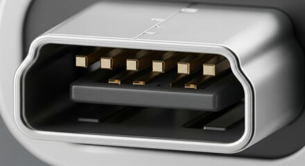 An extreme macro close-up of a silver computer port or cable connector, likely a FireWire or similar interface. The image showcases the detailed golden pins inside the metallic housing 