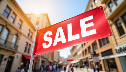 Vibrant red sale banner waving in urban shopping district, festive promotion