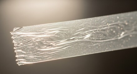 Macro texture of transparent adhesive tape edge
Extreme close-up of a piece of transparent adhesive tape, showing the texture of the plastic and sticky residue on the edge