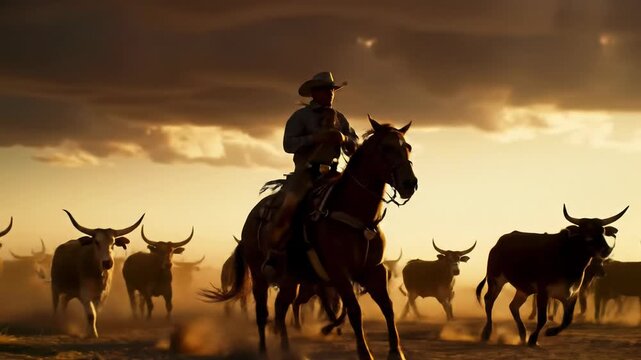 Cinematic video of a rugged male cowboy on a powerful quarter horse herding Zebu cattle across a vast dusty prairie at vibrant sunset, lassoing, classic Western film concept