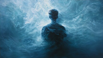 Fototapeta premium A solitary figure, shrouded in ethereal blue light, blending with swirling atmospheric textures