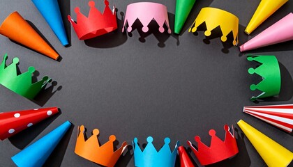 Top view of colorful paper party hats and crowns on a dark background. Flat lay celebration concept with central copy space. Festive carnival and Purim decorations for birthday or event