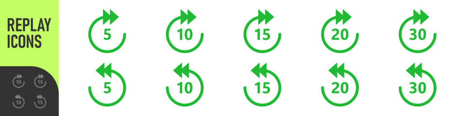 Repeat 5, 10, 15, 20, 30 seconds simple vector icon. Replay icons. Replay icon for application and web or Media player control. Replay icons set. 5, 10, 15, 20, 30 sec playback backwards