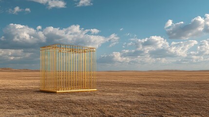 Abstract Golden Cube Cage Placed in Open Field Under Blue Sky