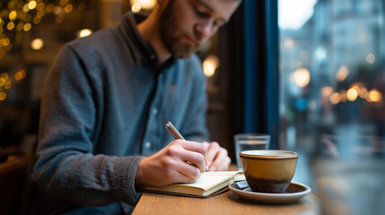 From above crop faceless male freelancer writing in notebook taking notes working urban cafe  outdoors remote work professional productivity coffee shop workspace