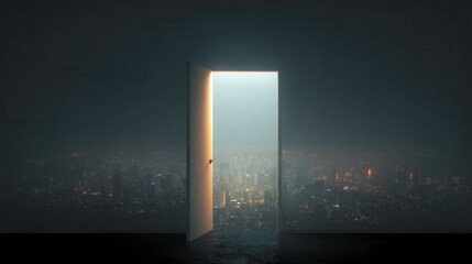 Glowing Open Doorway Leading to Futuristic City at Night