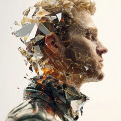 Male Profile Breaking Into Shattered Glass Symbolizing Identity Change