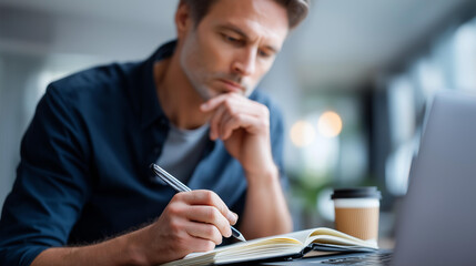 Closeup portrait faceless handsome man working from home office taking reading writing notes notepad with laptop computer casual businessman entrepreneur focused