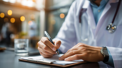 Fototapeta premium Focused faceless physician taking notes during patient consultation recording medical information pen in hand wearing lab coat stethoscope modern office