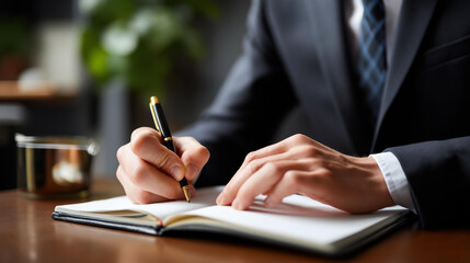 Faceless businessman working at work table home office desk checklist writing planning investigate enthusiastic concept male hand taking notes notepad