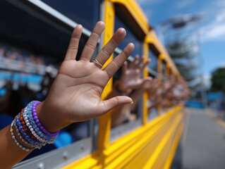 Children wave goodbye from a yellow school bus during daylight hours