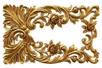 A luxurious golden decorative frame with intricate floral and scrollwork details, transparent background