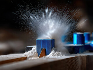 Woodworking process with blue tools and flying sawdust in workshop