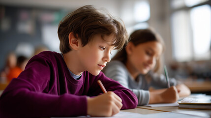 Faceless kids taking notes in elementary school lesson educational learning  classroom study student productivity academic instruction defocused background with