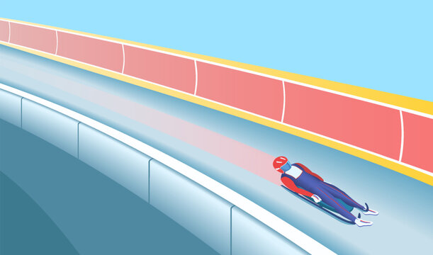 Athlete in red and blue speeds down a curved icy luge track, showcasing precision and aerodynamic control in a thrilling winter games. High-speed descent in the winter sport Luge.