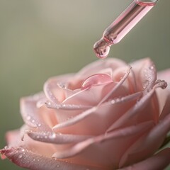 A delicate droplet of pink serum hovers above a rose