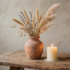 A rustic terracotta vase with dried wheat and lavender sits beside a glowing candle on a wooden table