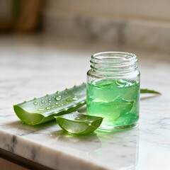 aloe vera leaves and pure gel in a glass jar