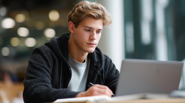 Young handsome faceless man using laptop computer taking notes planning startup working online  happy student studying learning languages online education