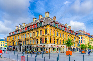 Obraz premium Vieille Bourse Old Stock Exchange flemish mannerist architecture style building on Place du Theatre square in Lille historical city center, French Flanders, Hauts-de-France Region, Northern France