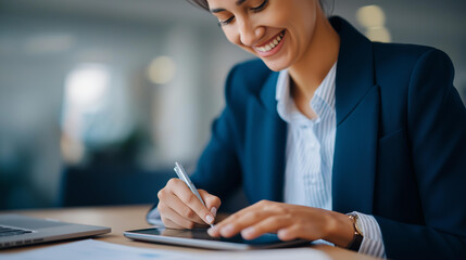 Tablet faceless business woman accountant taking notes smile working on project  technology notebook female entrepreneur auditor research accounting email writing